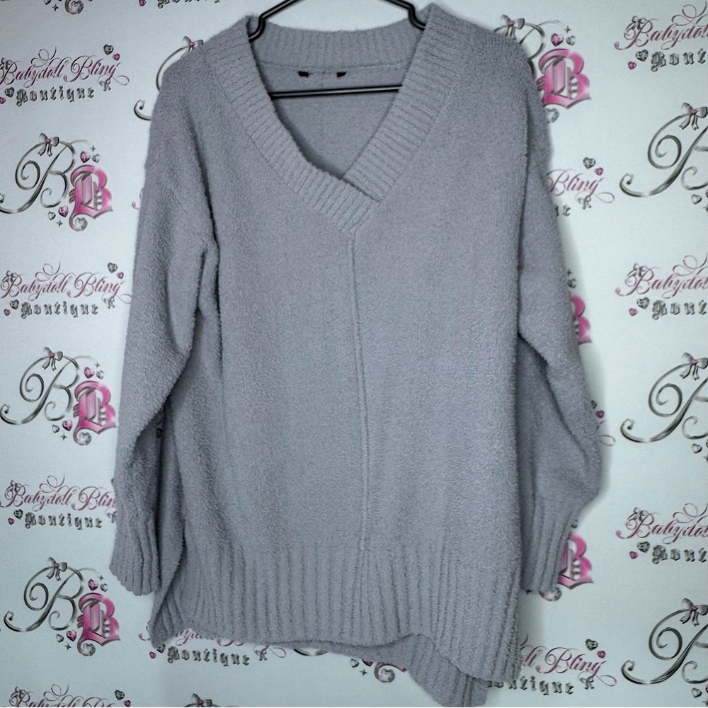 Sweater teddy sherpa fleece grey fuzzy cozy warm pull over V neck large luxe